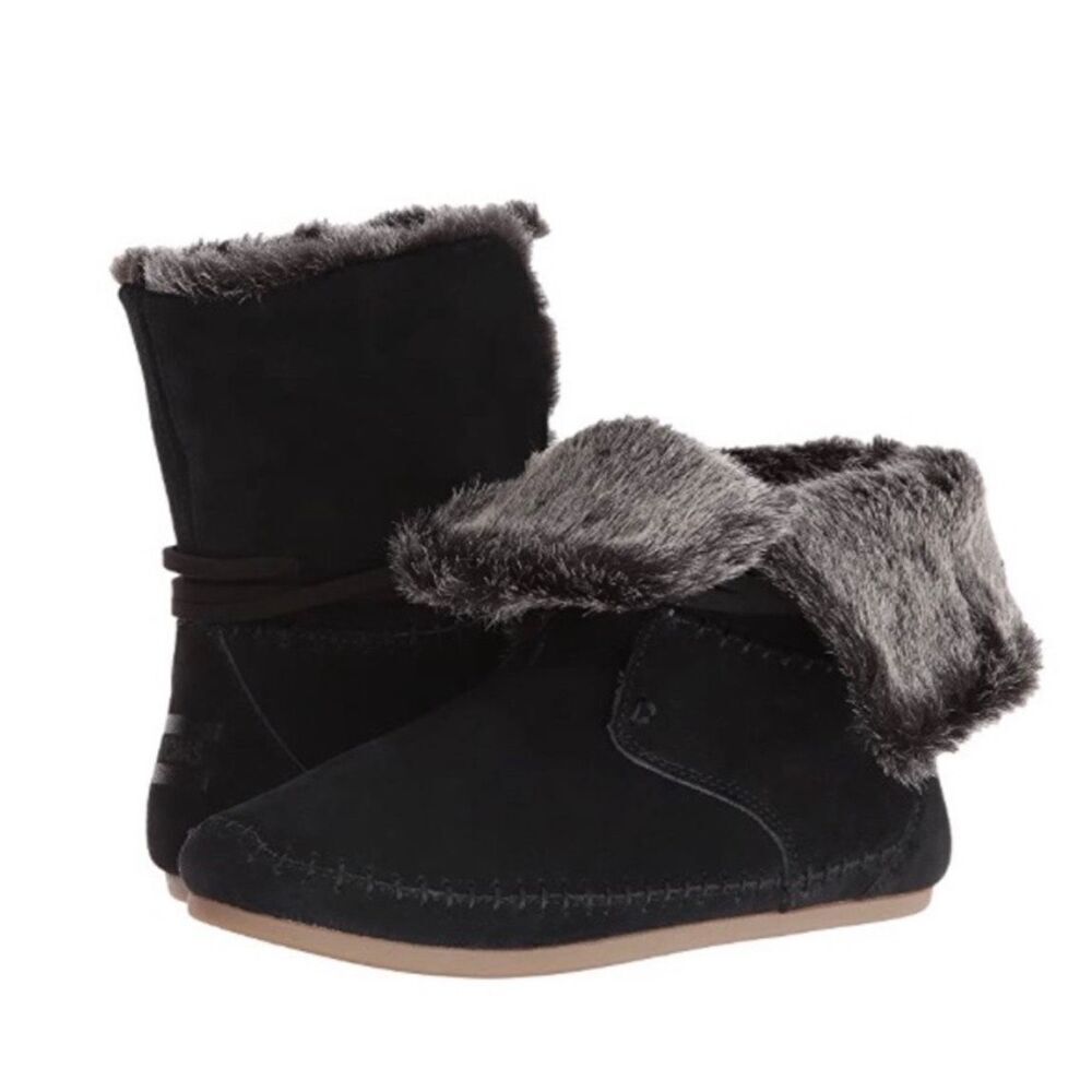 Toms Zahara Moccasin Booties Black Suede Faux Fur Womens 6.5